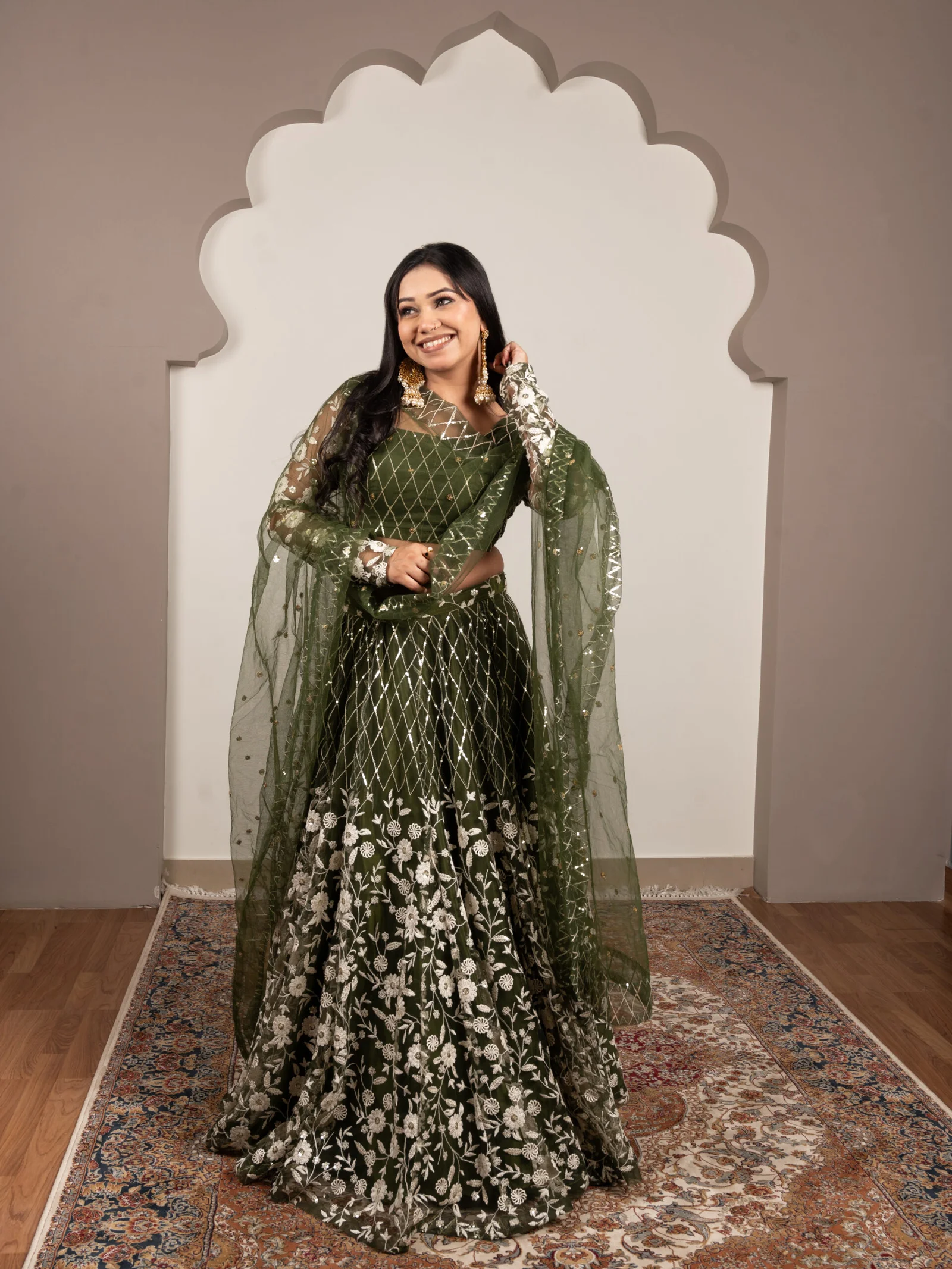 Green Net Embroidered Lehenga Set