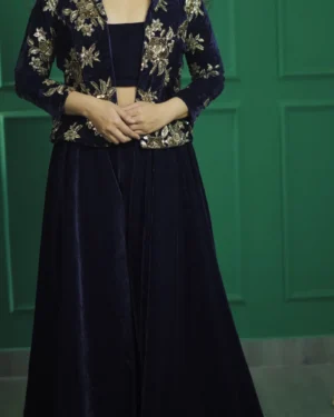 Plain Velvet Blouse & Sharara Set with Zari Work Jacket